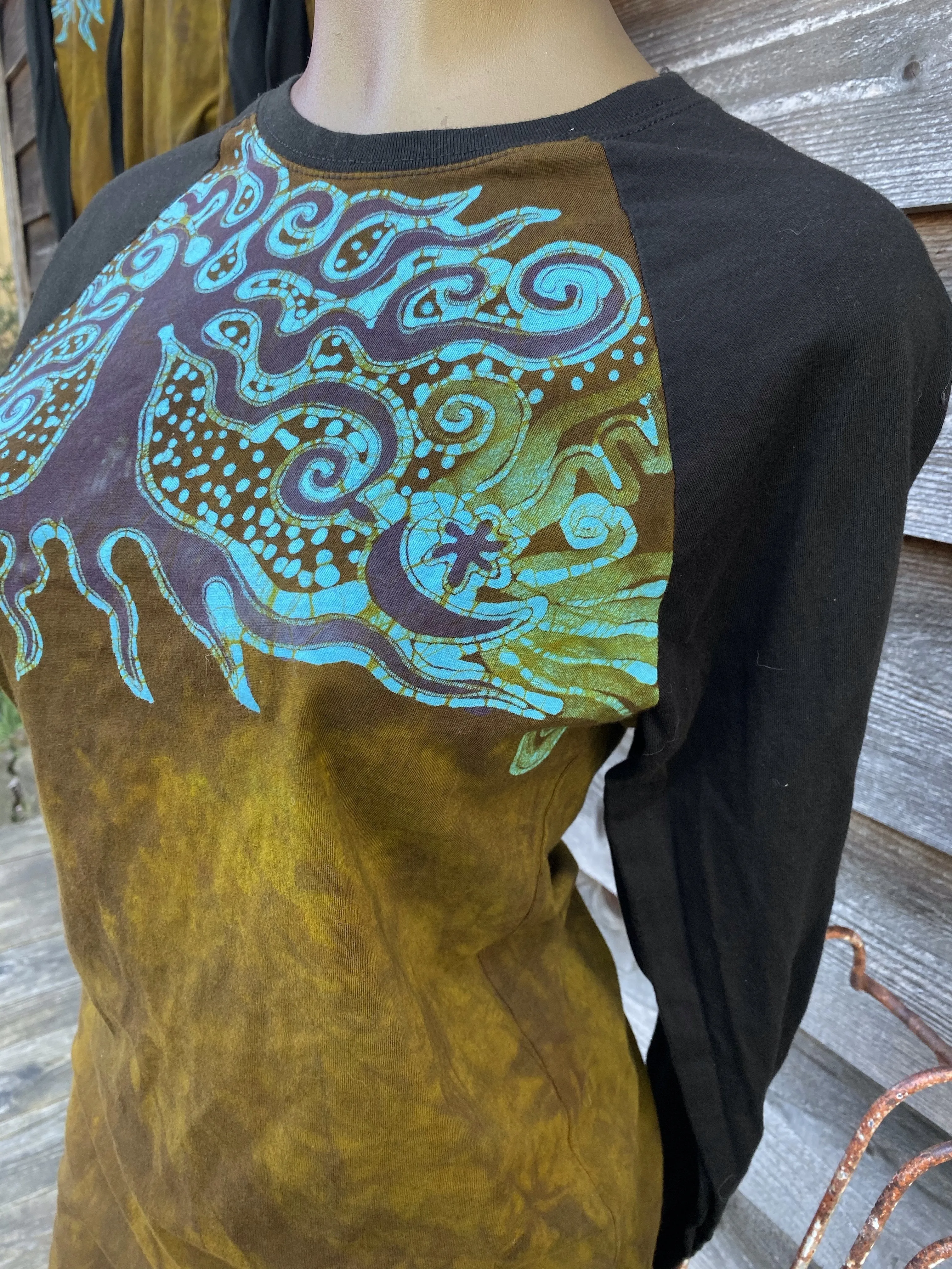 Turquoise Tree Black Raglan Long Sleeve Batik Top by Batikwalla