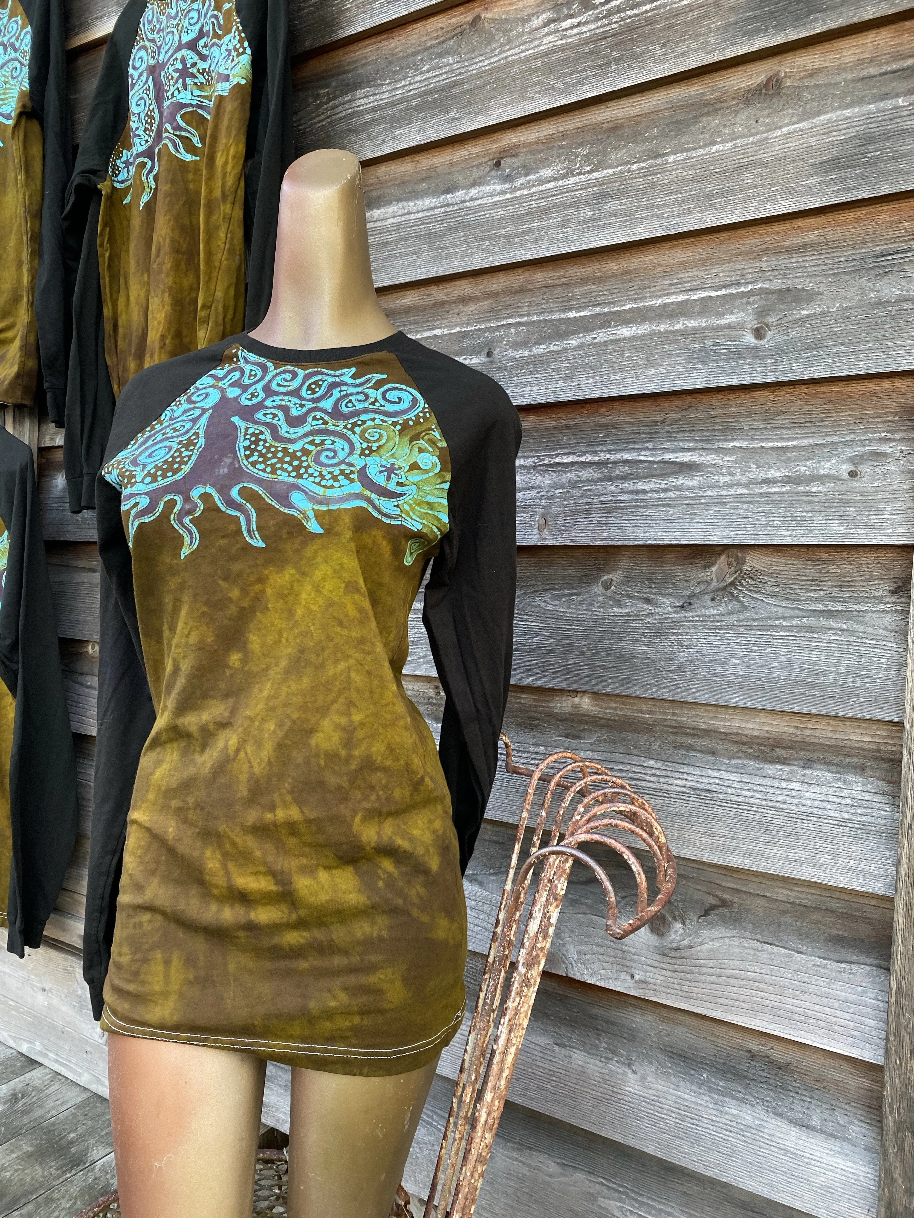 Turquoise Tree Black Raglan Long Sleeve Batik Top by Batikwalla