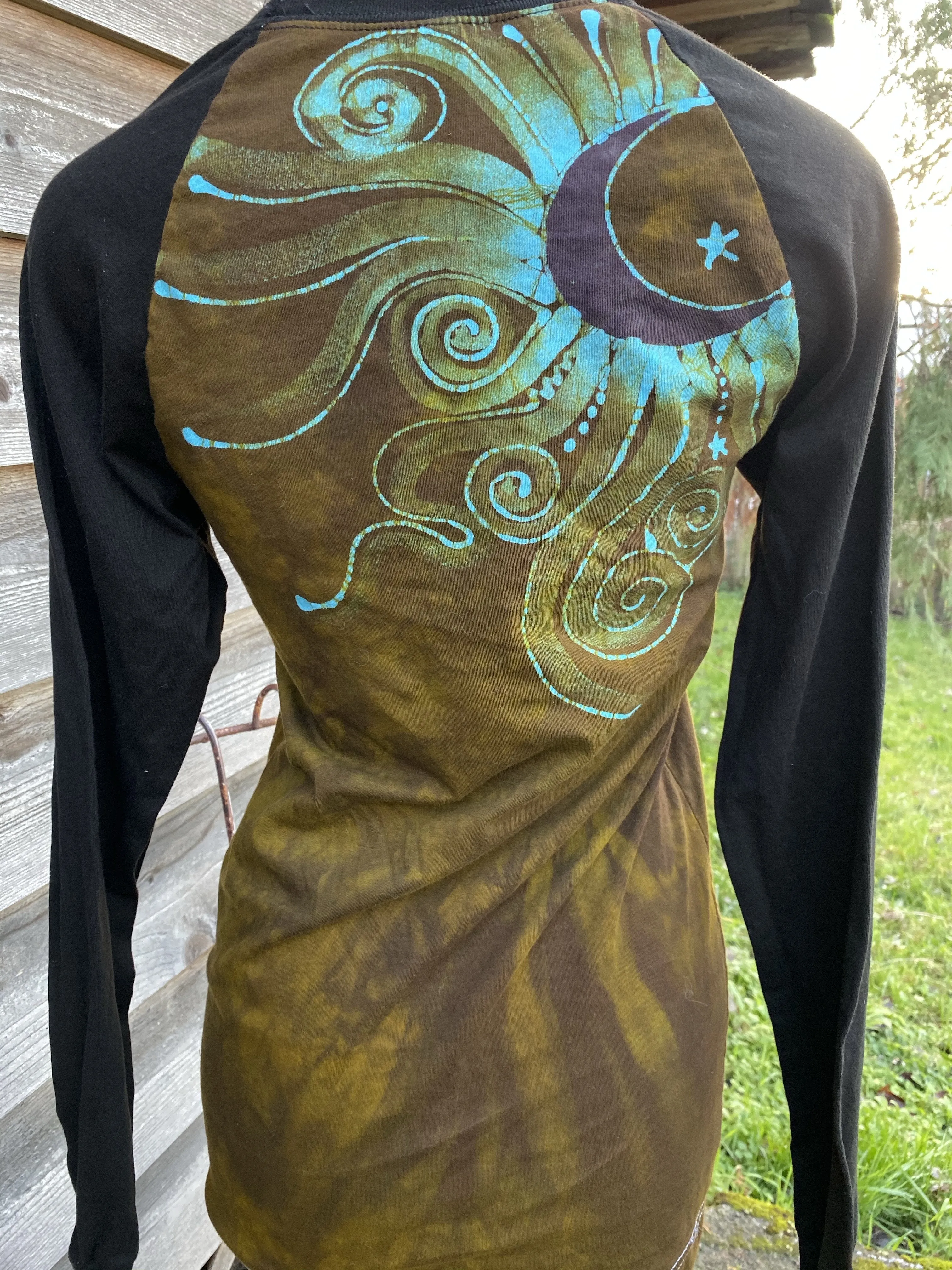 Turquoise Tree Black Raglan Long Sleeve Batik Top by Batikwalla