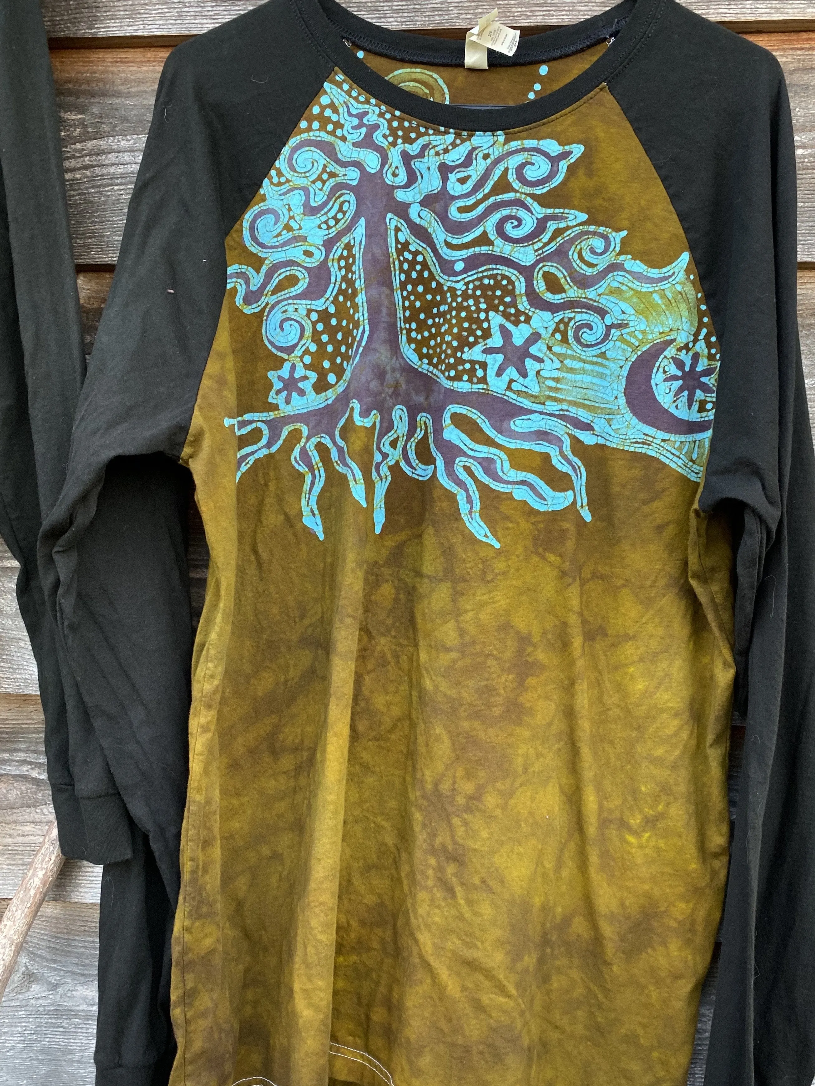 Turquoise Tree Black Raglan Long Sleeve Batik Top by Batikwalla