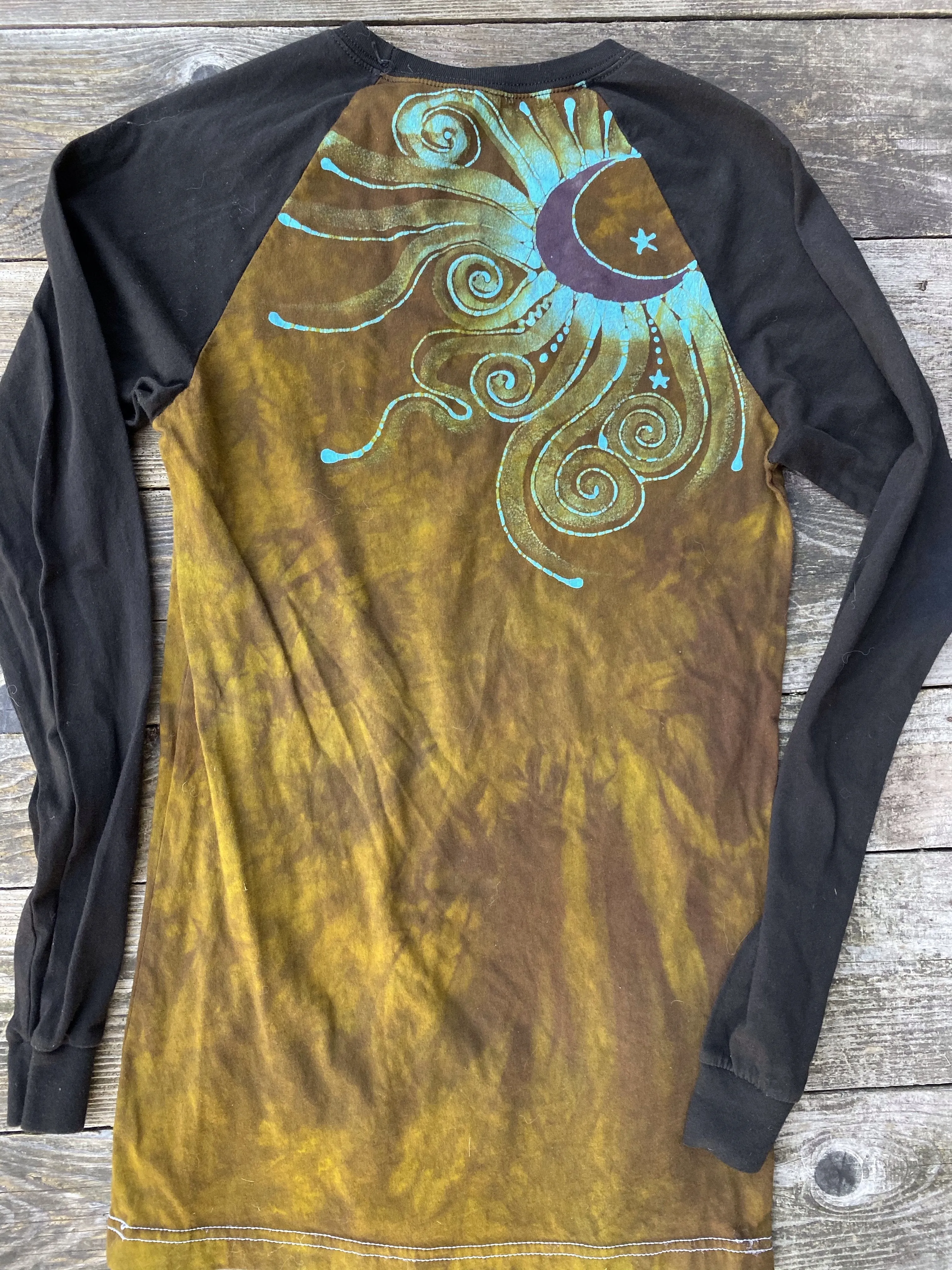 Turquoise Tree Black Raglan Long Sleeve Batik Top by Batikwalla