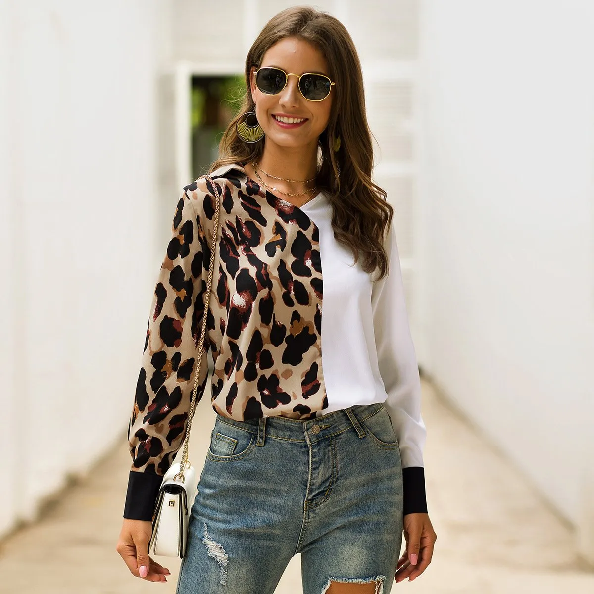V-neck Leopard Patcwork Women Blouse Shirt
