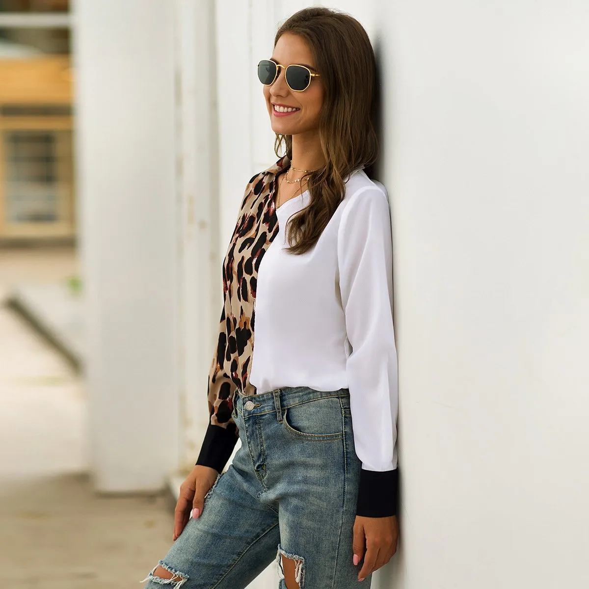 V-neck Leopard Patcwork Women Blouse Shirt