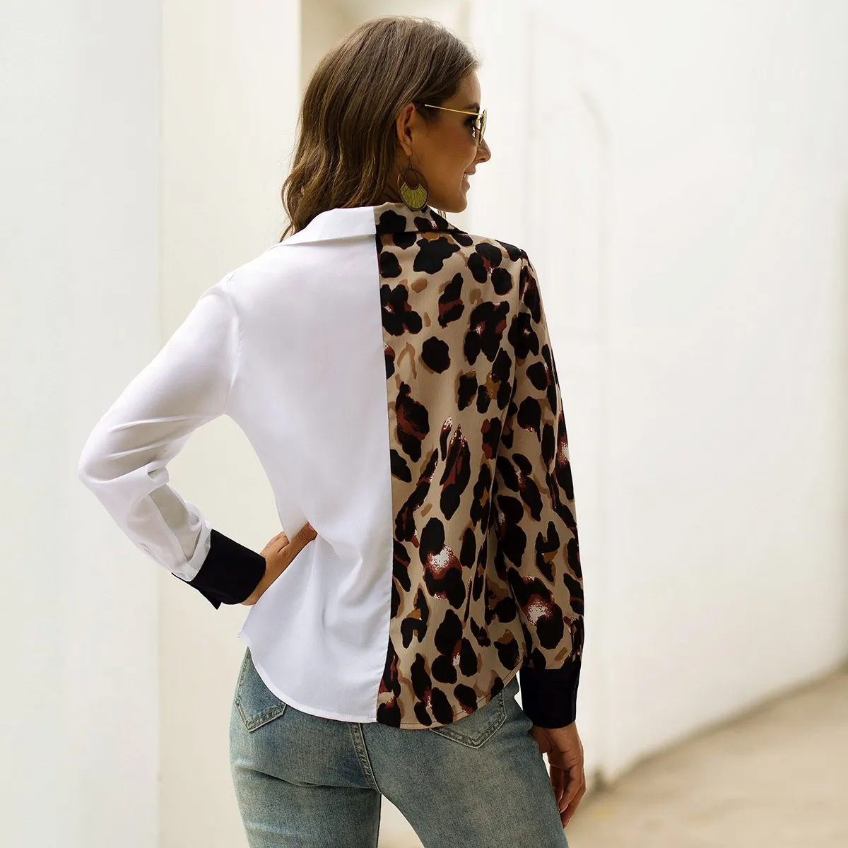 V-neck Leopard Patcwork Women Blouse Shirt
