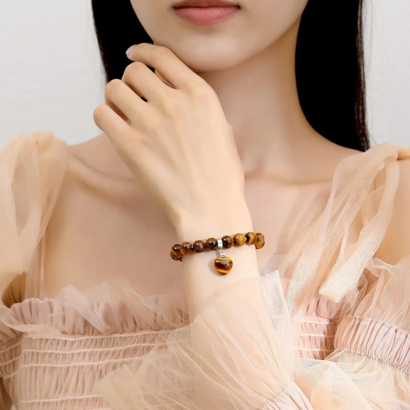 VINCHIC 8MM Tiger Eye Bracelet Love Heart Stretch Bracelet Crystal Energy Bracelet for Women Girls