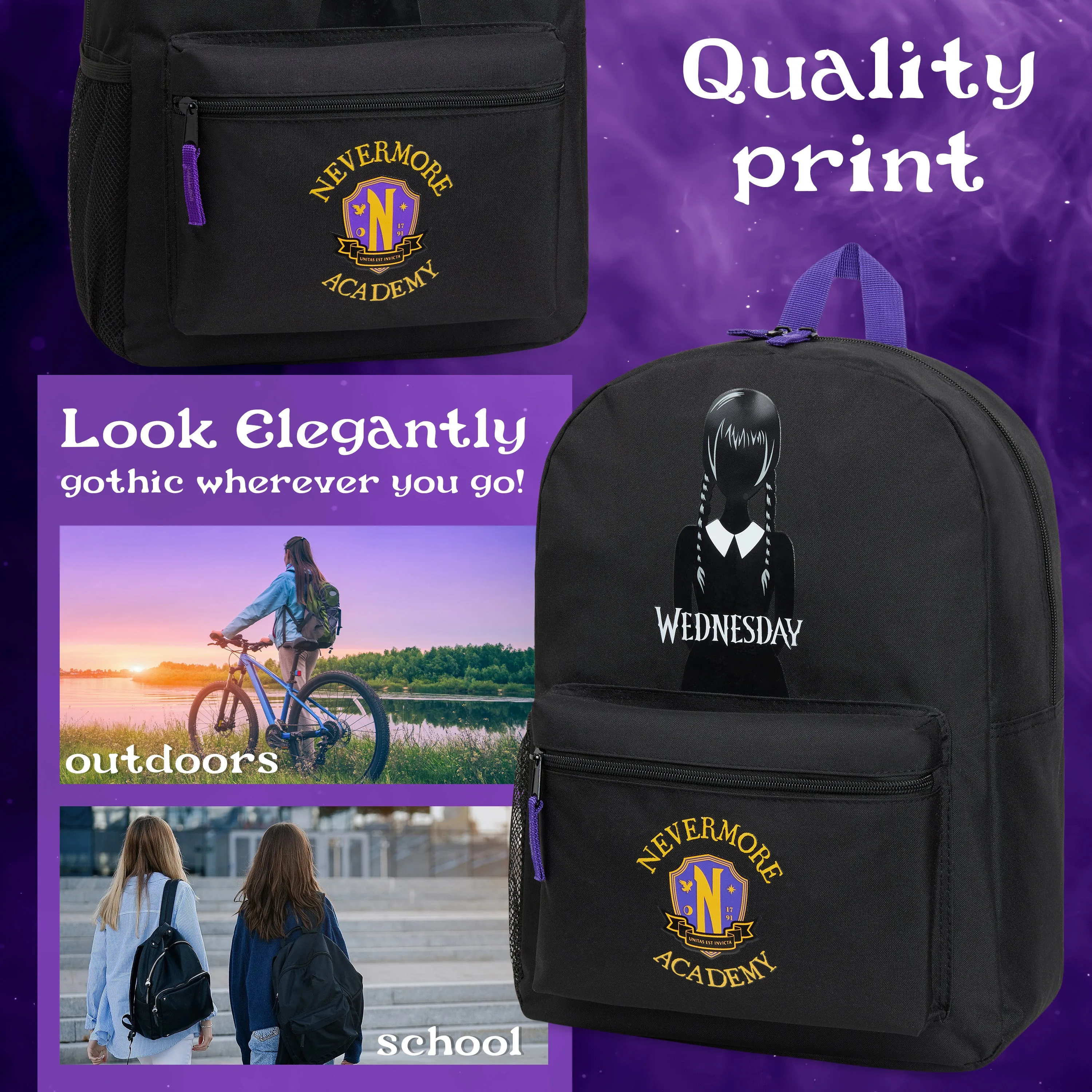 Wednesday School Backpack for Kids and Teenagers - Black/Yellow