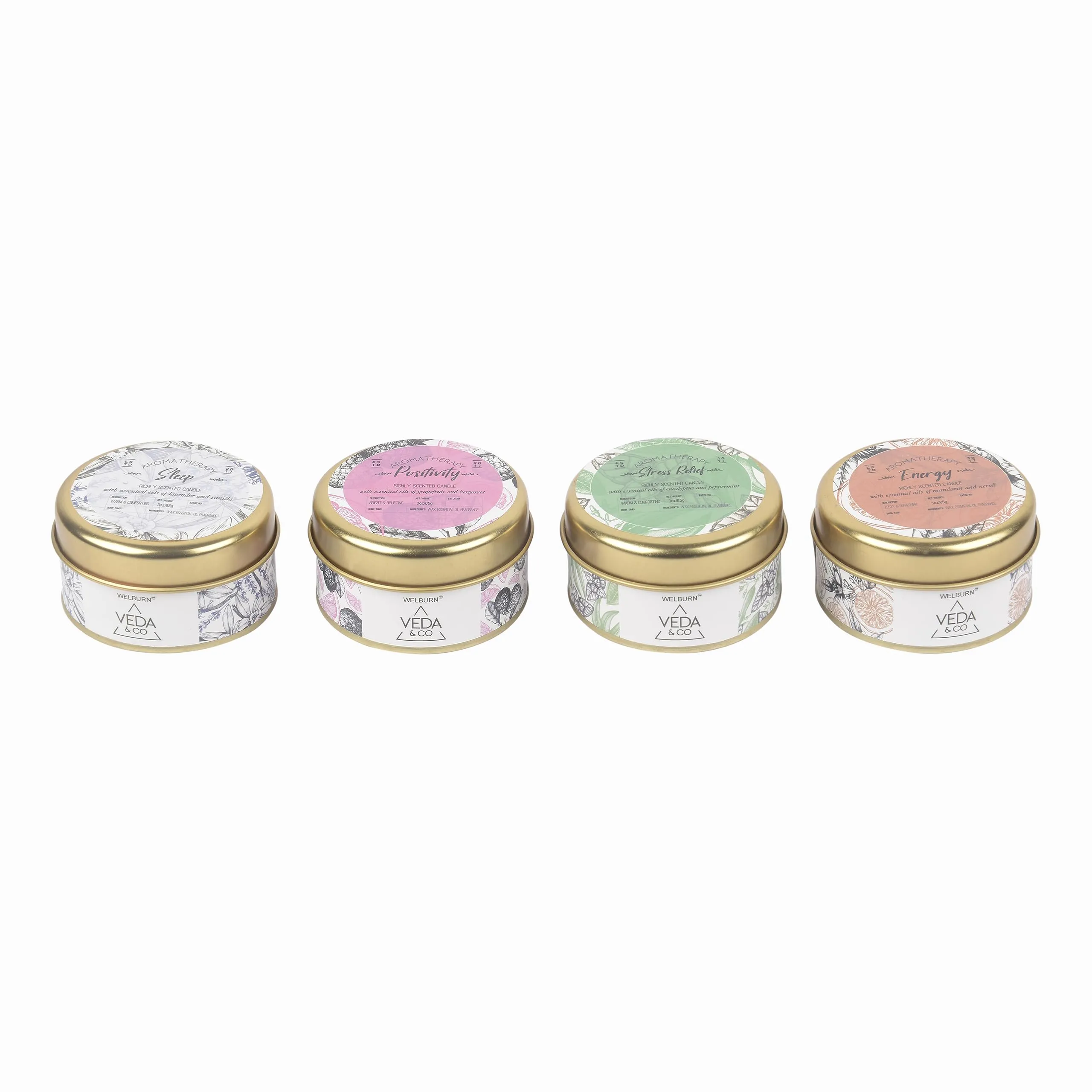 Welburn Veda&Co™ Scented Wax Candle - Set of 4 (15 Hours Burn Time, 85gm), Aromatherapy Travel Tin Candles Induces Energy, Positivity, Sleep & Stress Relief, Fully Refined Paraffin Wax, for Home Décor