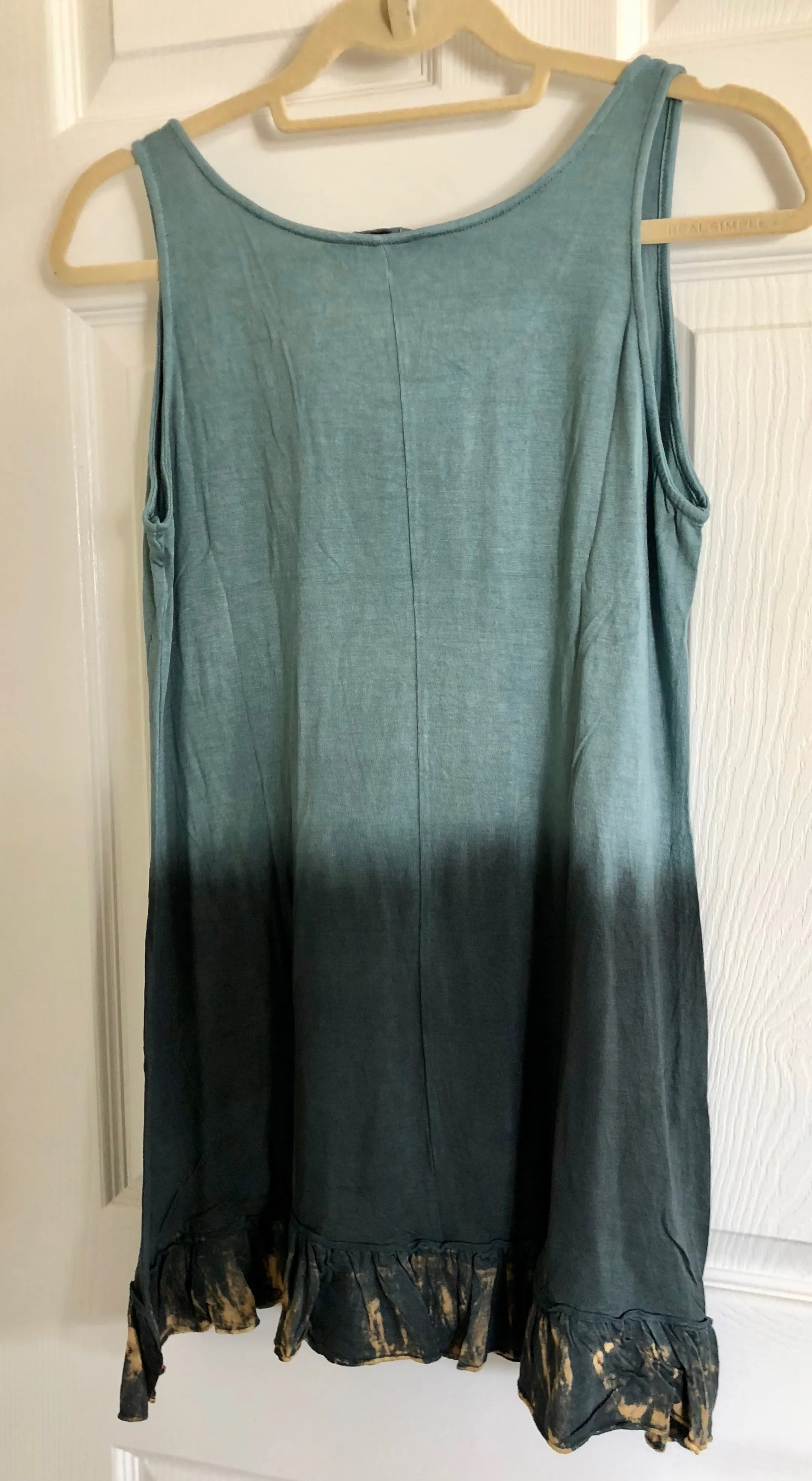 Yak & Yeti Gray Blue Dip Dye Ganesh Print Sleeveless Tunic Shirt with Ruffle Trim